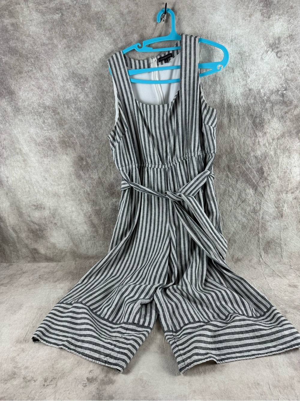 Lane Bryant Gray and White Striped Sleeveless Jumpsuit wide leg square neck belt
